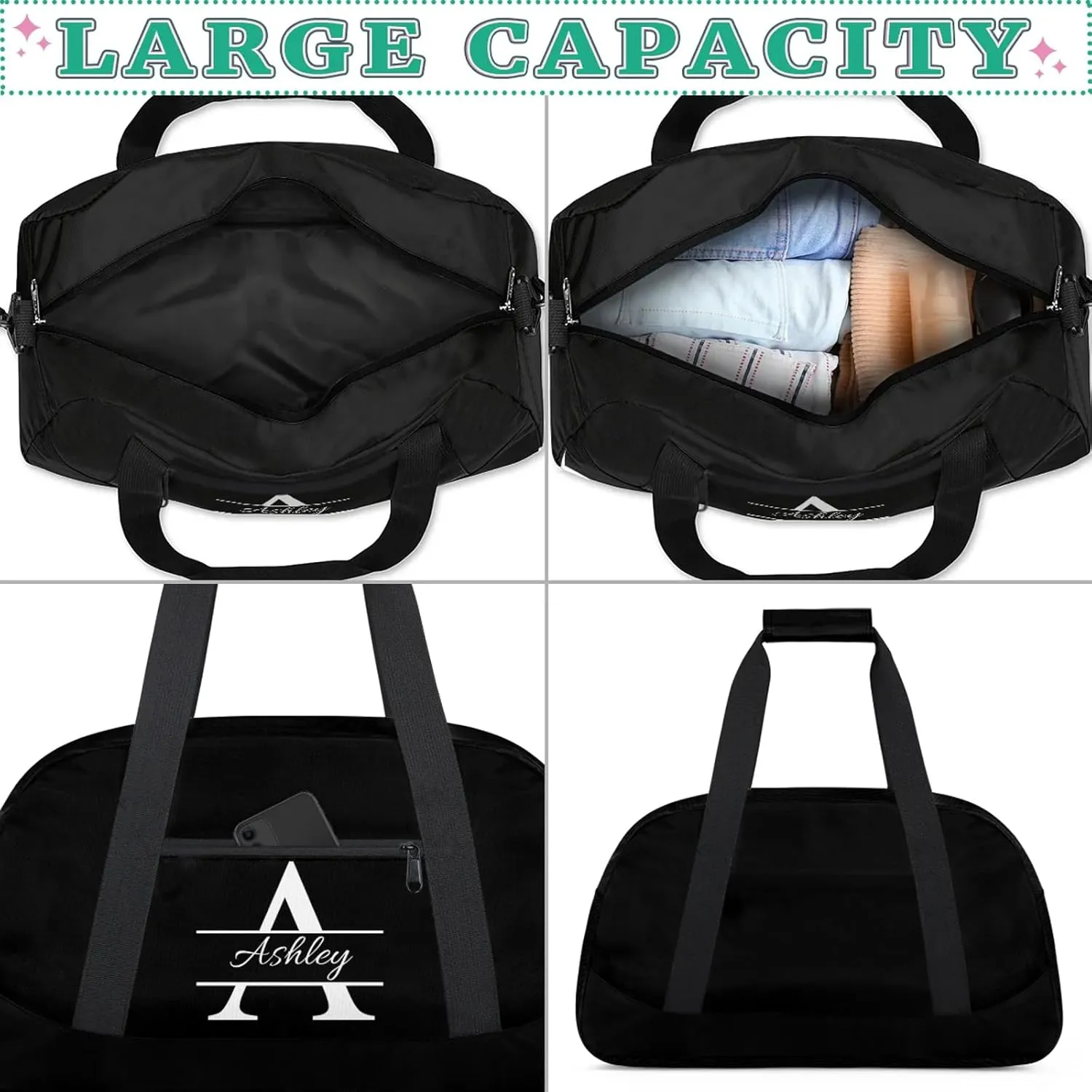 Custom Sports Duffel Bag Personalized Name Dance Gym Bag for Women Men Overnight Weekender Travel Duffel Bags Lightweight 18.9in, Pure Black