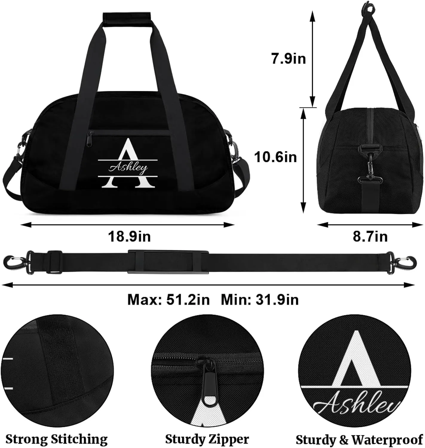 Custom Sports Duffel Bag Personalized Name Dance Gym Bag for Women Men Overnight Weekender Travel Duffel Bags Lightweight 18.9in, Pure Black