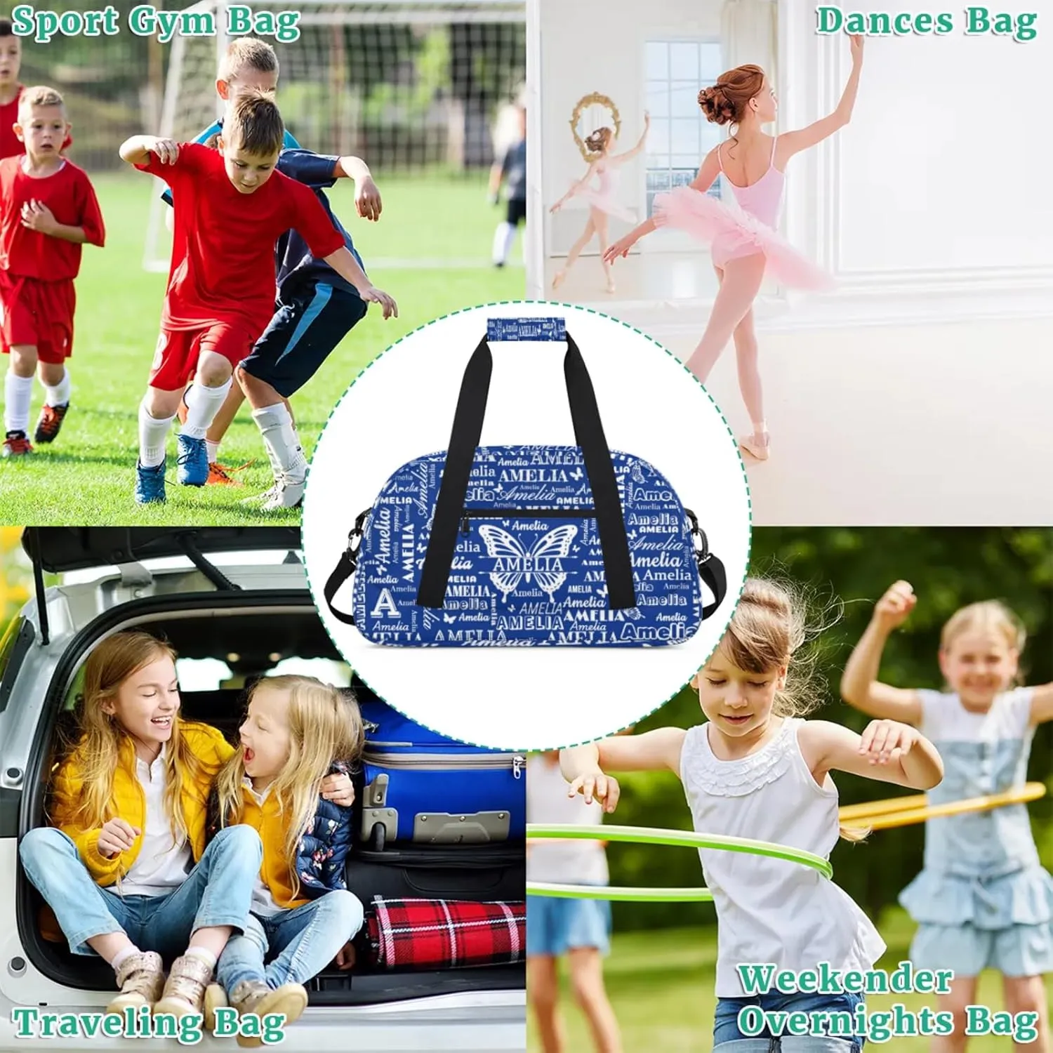Custom Sports Duffel Bags with Name, Butterfly Personalized Gym Bag Customized Travel Duffle Bag Overnight Carry-On Bag Weekender Bags, Cobalt Blue