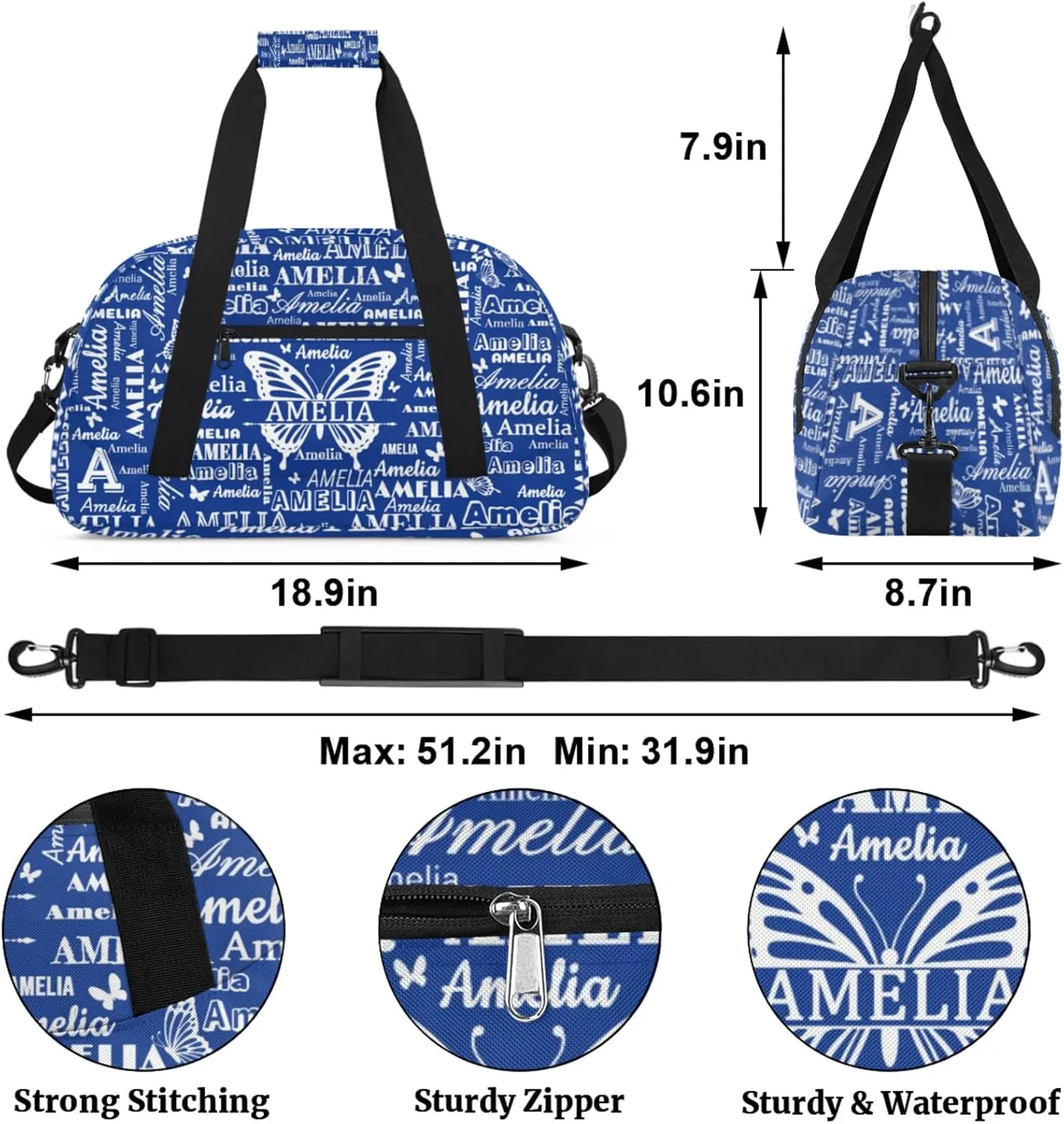 Custom Sports Duffel Bags with Name, Butterfly Personalized Gym Bag Customized Travel Duffle Bag Overnight Carry-On Bag Weekender Bags, Cobalt Blue