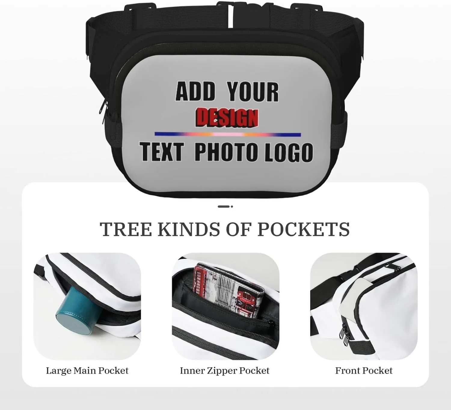 Customized Waist Pack Add Your Own Text Logo Photo Unisex Fanny Pack for Workouts Travel Sports Adjustable Strap