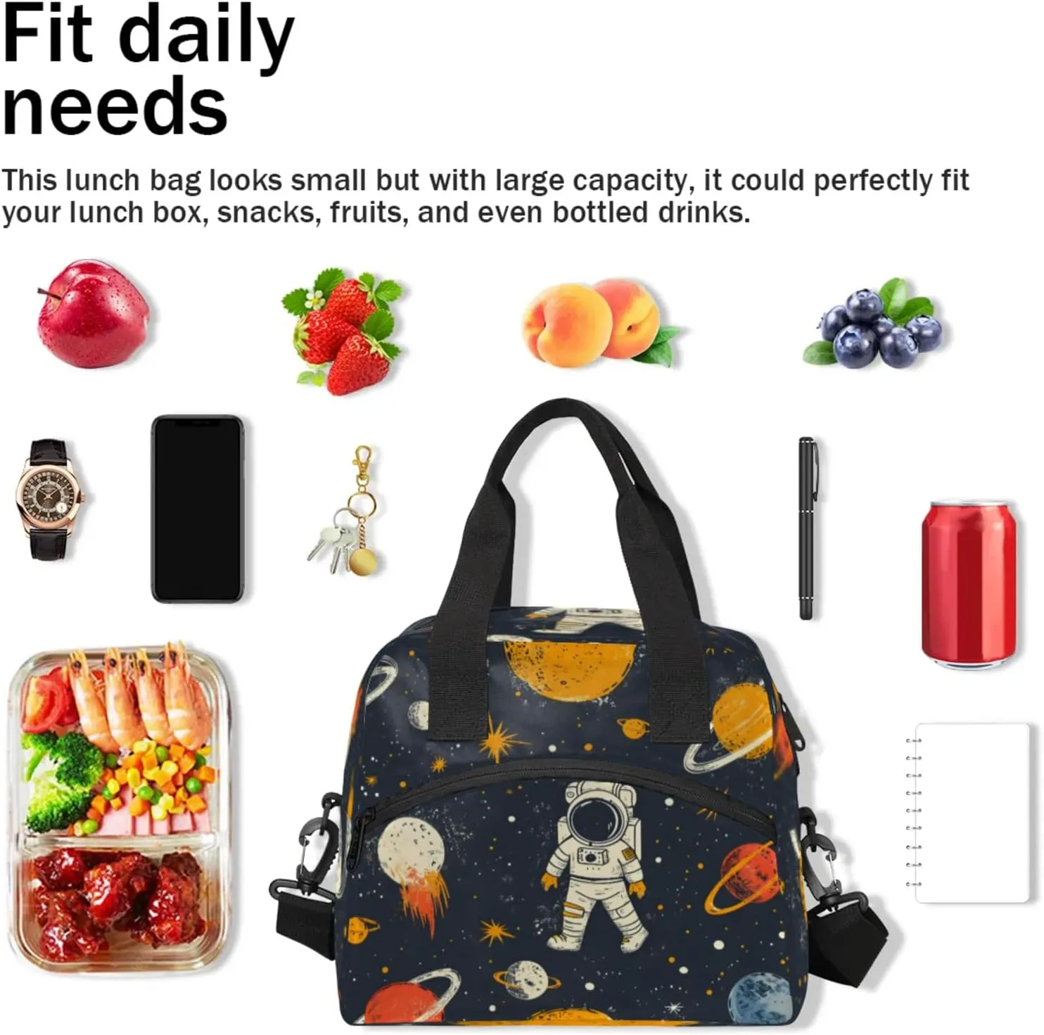 Cute Astronaut Insulated Lunch Bag for Women Men Reusable Lunch Box Cooler Tote Bag One Shoulder Portable Meal Bag Astrology Astronomy Comet Lunchbox for Work Picnic Hiking Beach