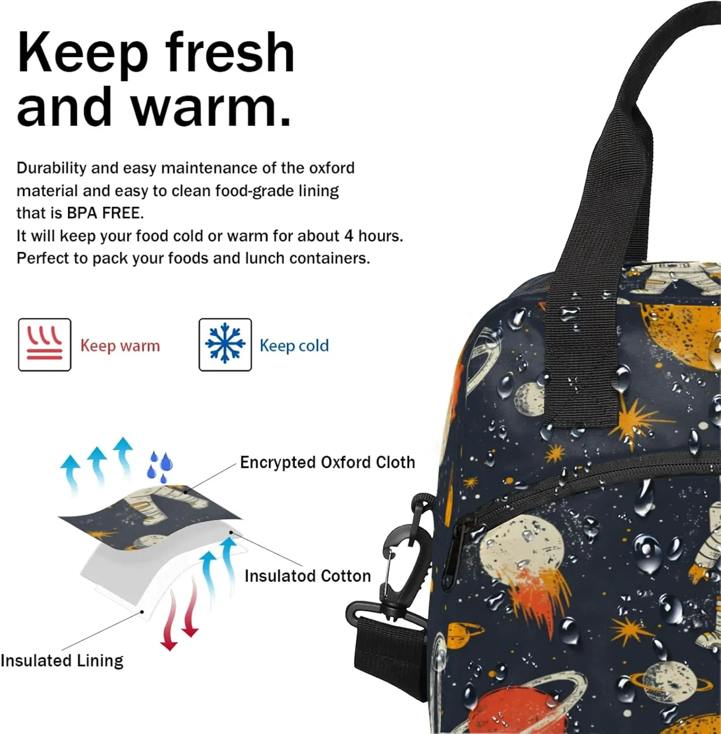 Cute Astronaut Insulated Lunch Bag for Women Men Reusable Lunch Box Cooler Tote Bag One Shoulder Portable Meal Bag Astrology Astronomy Comet Lunchbox for Work Picnic Hiking Beach