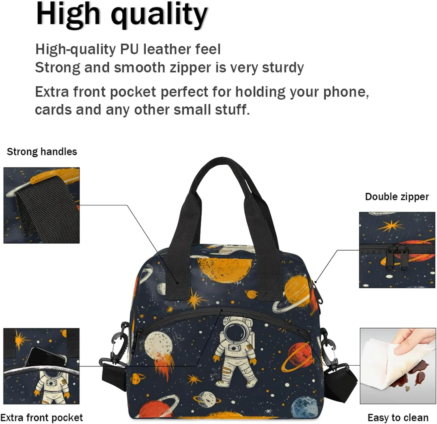 Cute Astronaut Insulated Lunch Bag for Women Men Reusable Lunch Box Cooler Tote Bag One Shoulder Portable Meal Bag Astrology Astronomy Comet Lunchbox for Work Picnic Hiking Beach