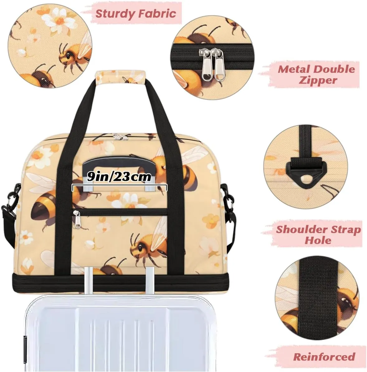Cute Bee Print Foldable Duffle Bag with Shoes Compartment Large Capacity Waterproof Travel Weekender Bag Overnight Bag for Sports Gym