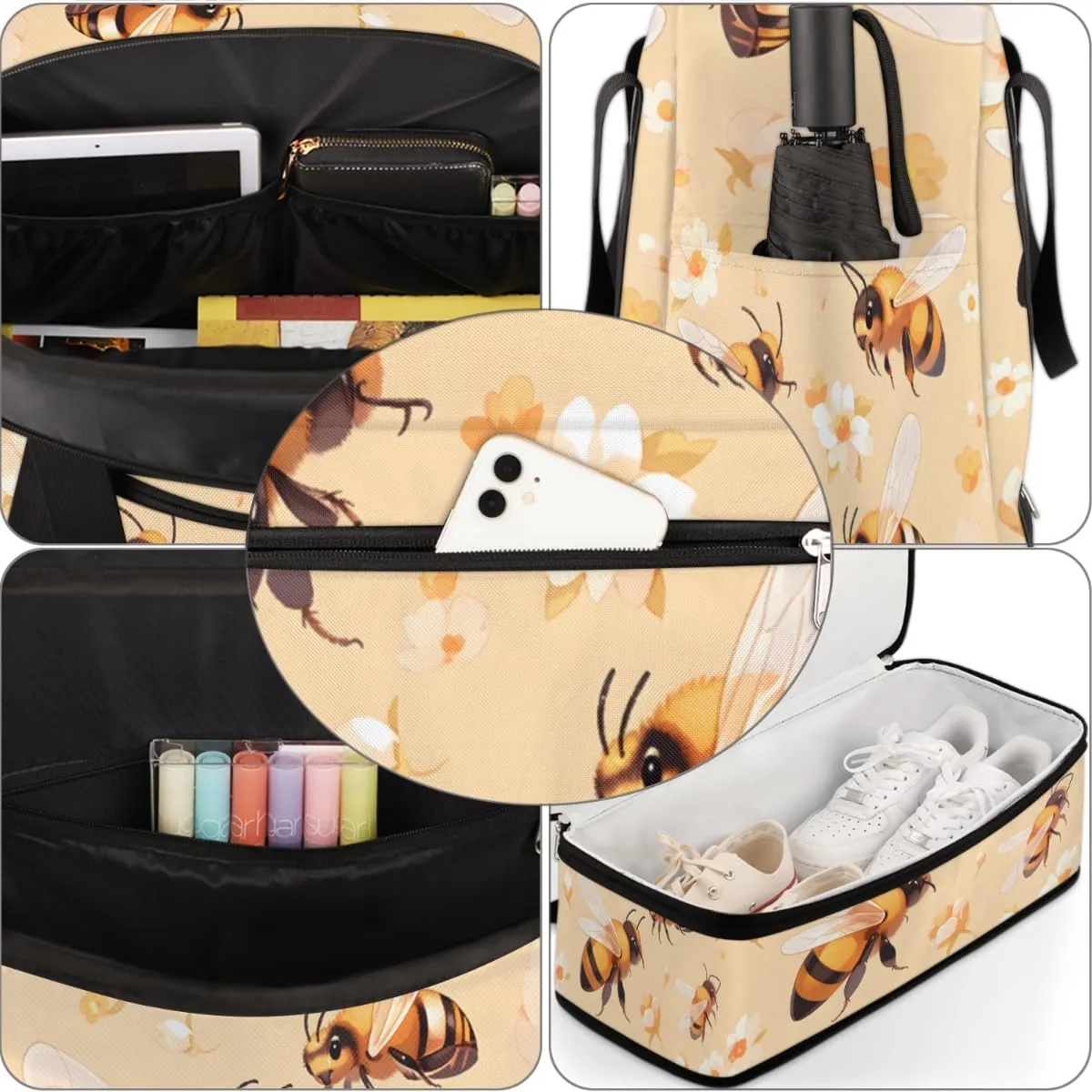 Cute Bee Print Foldable Duffle Bag with Shoes Compartment Large Capacity Waterproof Travel Weekender Bag Overnight Bag for Sports Gym
