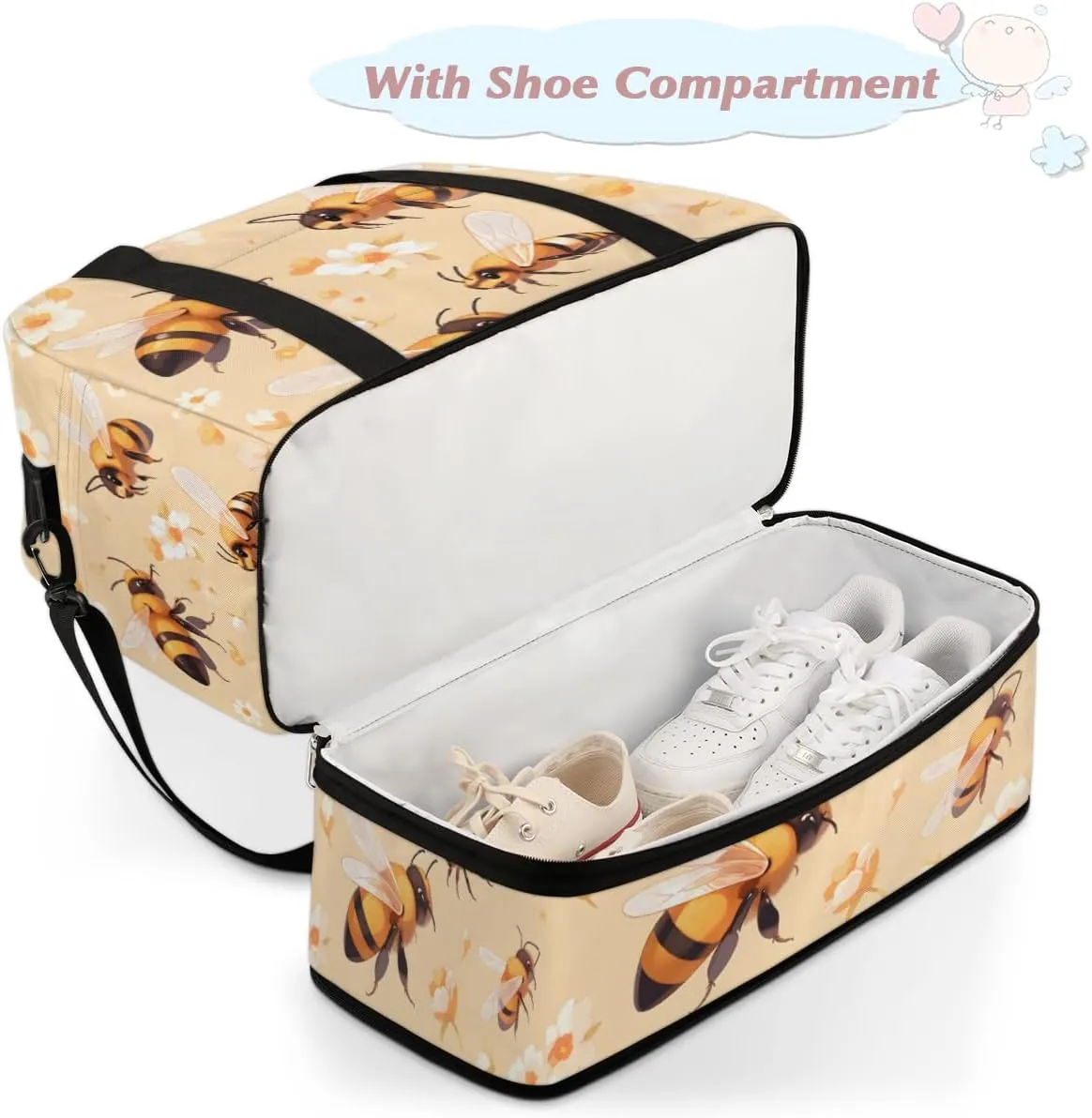 Cute Bee Print Foldable Duffle Bag with Shoes Compartment Large Capacity Waterproof Travel Weekender Bag Overnight Bag for Sports Gym