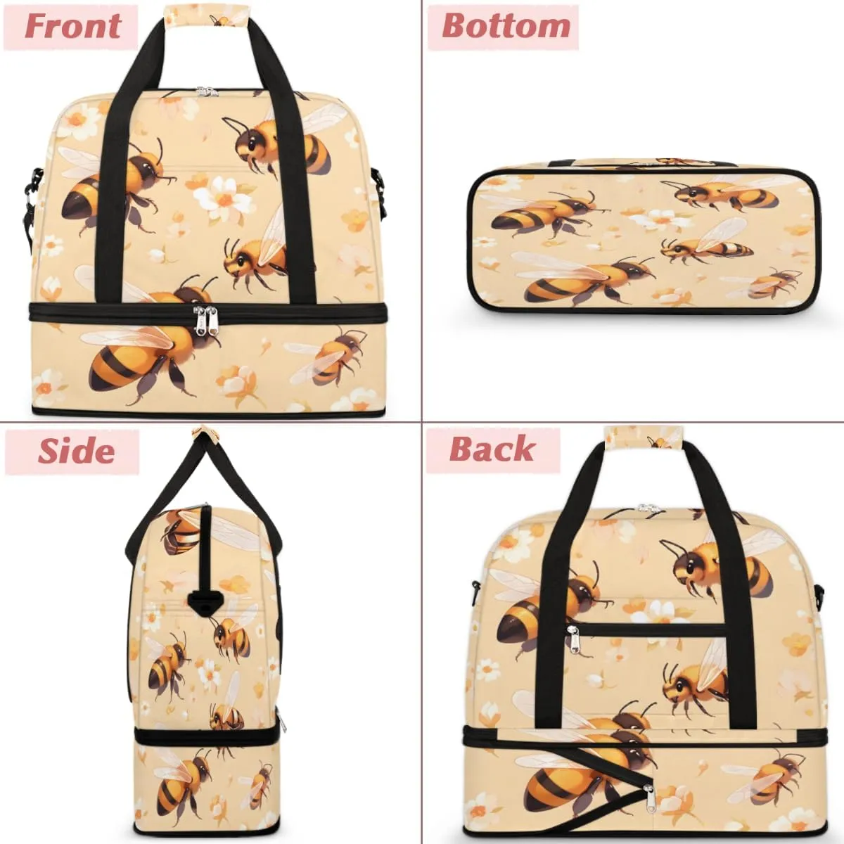 Cute Bee Print Foldable Duffle Bag with Shoes Compartment Large Capacity Waterproof Travel Weekender Bag Overnight Bag for Sports Gym