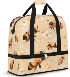Cute Bee Print Foldable Duffle Bag with Shoes Compartment Large Capacity Waterproof Travel Weekender Bag Overnight Bag for Sports Gym