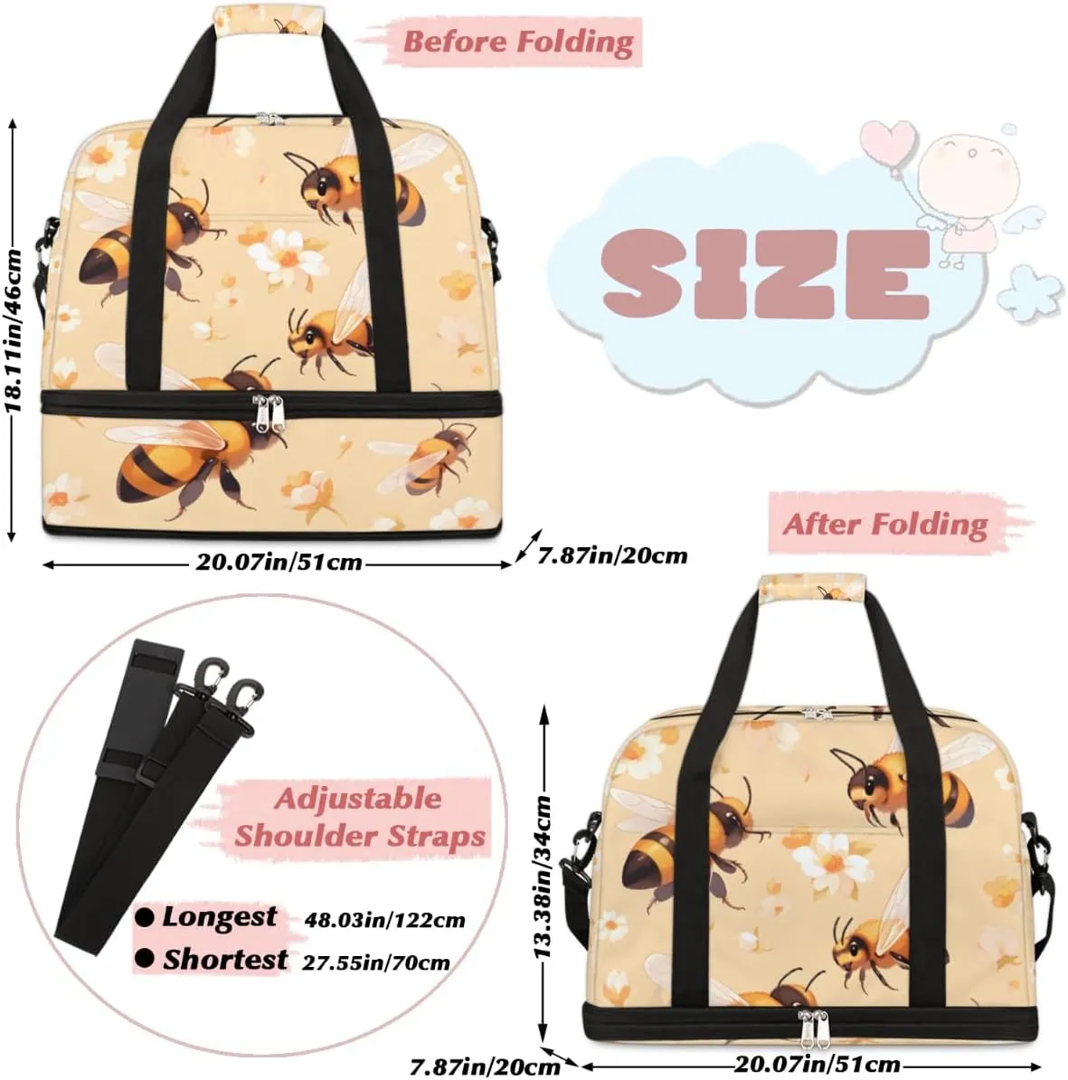 Cute Bee Print Foldable Duffle Bag with Shoes Compartment Large Capacity Waterproof Travel Weekender Bag Overnight Bag for Sports Gym