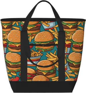 Cute Burger Fries Large Capacity Insulated Shoulder Bag For Picnic Camping Travel Shopping Food Transportation