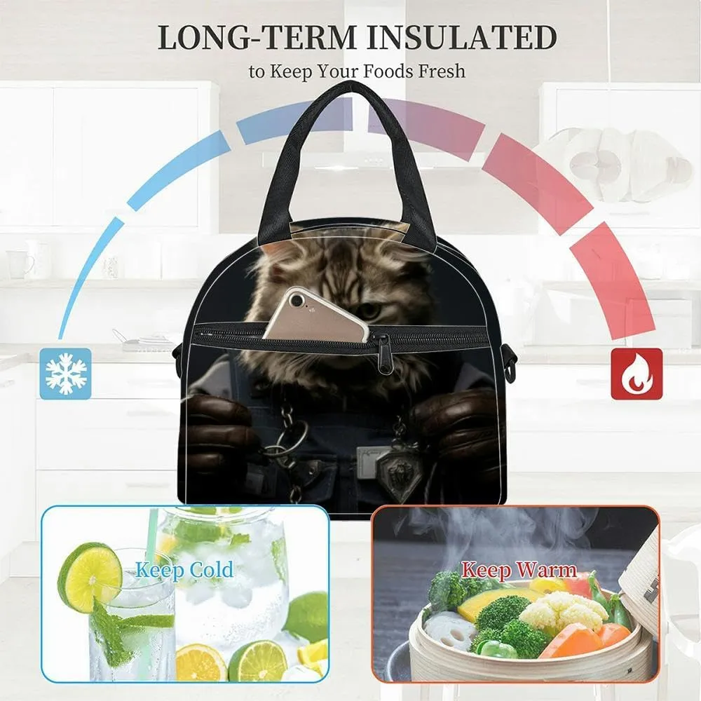 cute cat badass pose and dress Insulated Adult Lunch Bag with Shoulder Strap for Women Lightweight Reusable Portable Freezable Lunch Tote Bag for Work Picnic