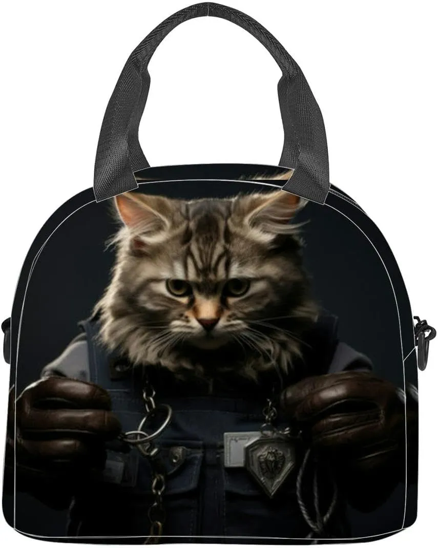 cute cat badass pose and dress Insulated Adult Lunch Bag with Shoulder Strap for Women Lightweight Reusable Portable Freezable Lunch Tote Bag for Work Picnic
