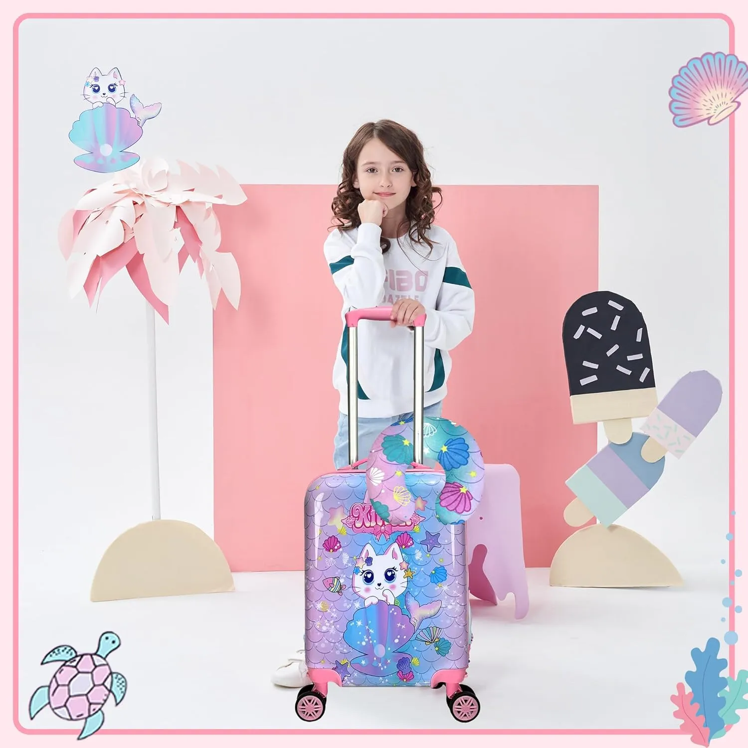Cute Cat Kid’s Luggage Set 2 Piece Suitcase Set 16’’ Hardside Luggage with Spinner Wheels Girls Boys Carry on Toddler Luggage Travel Rolling Luggage Airline Approved