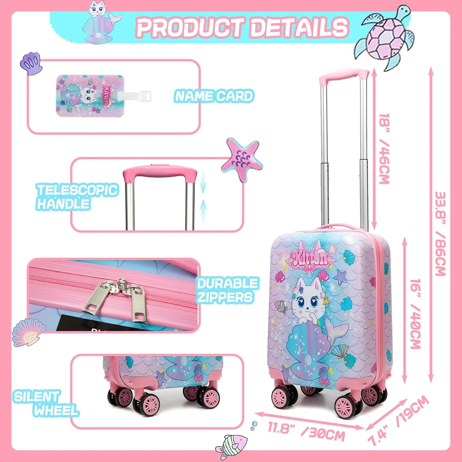 Cute Cat Kid’s Luggage Set 2 Piece Suitcase Set 16’’ Hardside Luggage with Spinner Wheels Girls Boys Carry on Toddler Luggage Travel Rolling Luggage Airline Approved