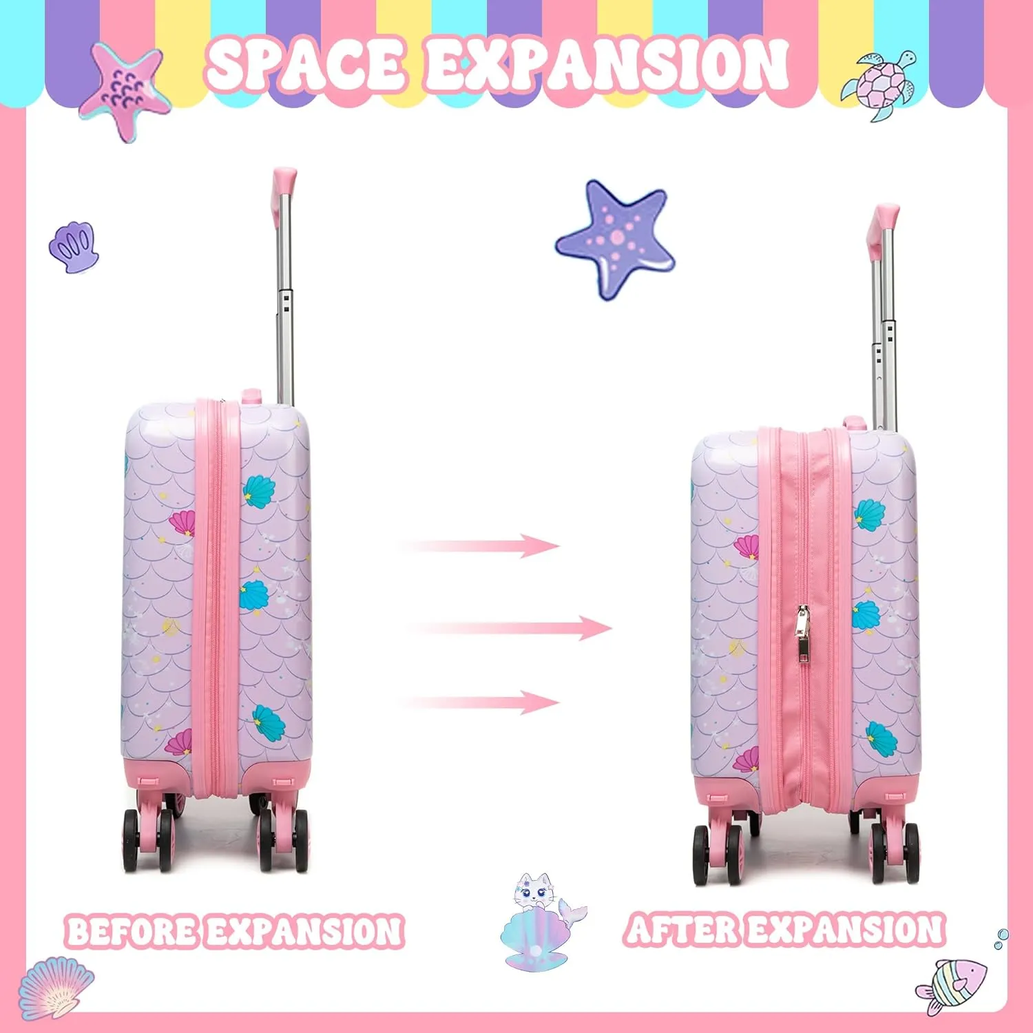 Cute Cat Kid’s Luggage Set 2 Piece Suitcase Set 16’’ Hardside Luggage with Spinner Wheels Girls Boys Carry on Toddler Luggage Travel Rolling Luggage Airline Approved