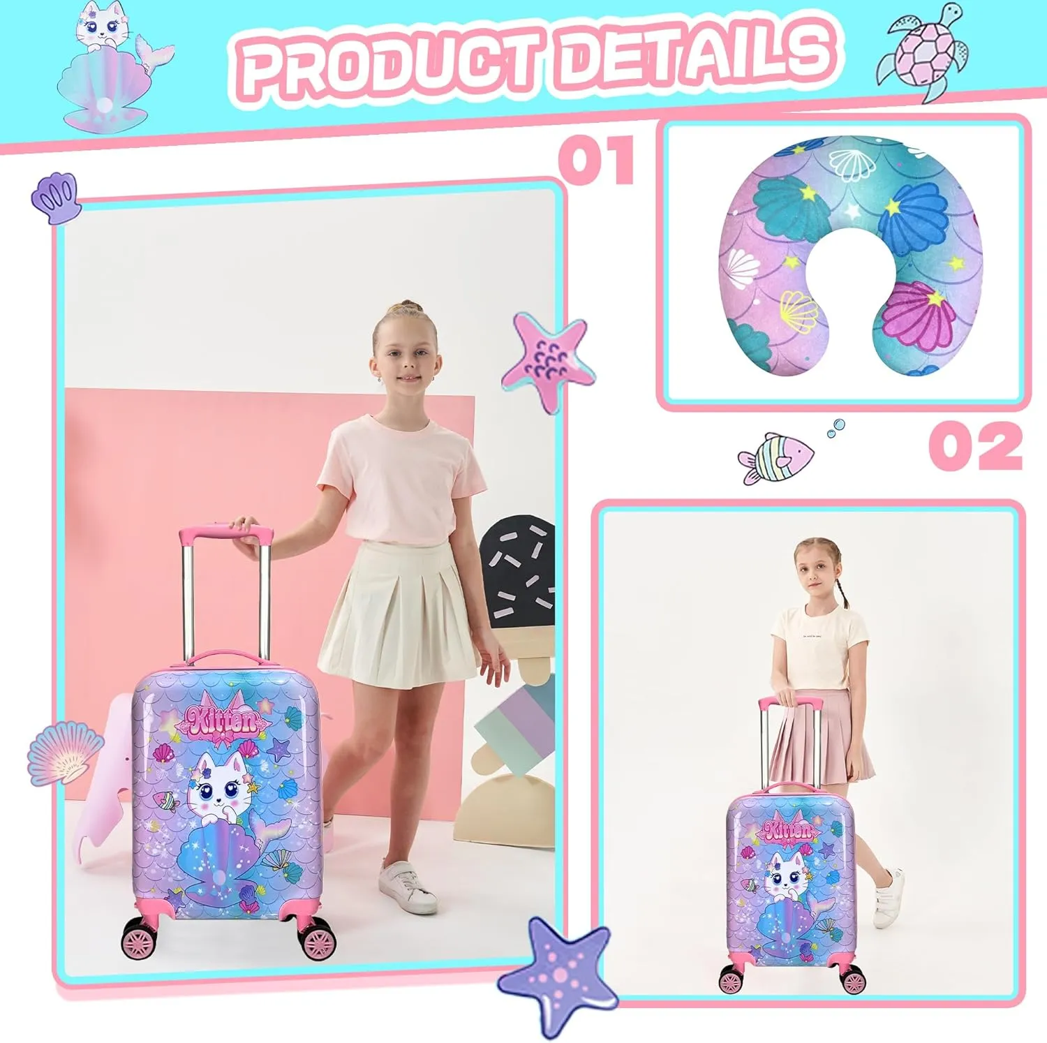 Cute Cat Kid’s Luggage Set 2 Piece Suitcase Set 16’’ Hardside Luggage with Spinner Wheels Girls Boys Carry on Toddler Luggage Travel Rolling Luggage Airline Approved