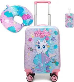Cute Cat Kid’s Luggage Set 2 Piece Suitcase Set 16’’ Hardside Luggage with Spinner Wheels Girls Boys Carry on Toddler Luggage Travel Rolling Luggage Airline Approved