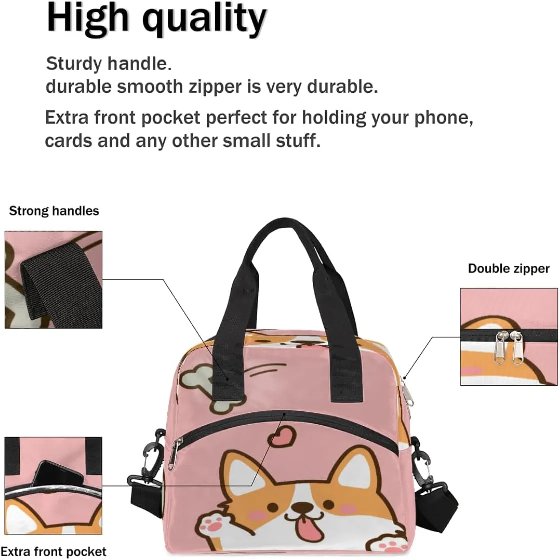 Cute Corgis Love Insulated Lunch Bag for Women Men Reusable Lunch Box Cooler Bag Large Leakproof Lunch Tote with Adjustable Shoulder Strap for Adult Work Picnic Camping Beach Office