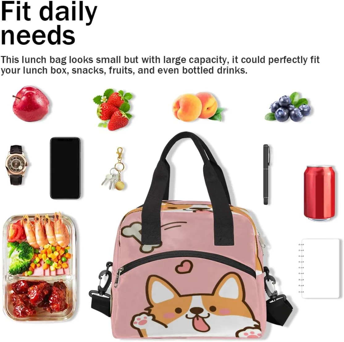 Cute Corgis Love Insulated Lunch Bag for Women Men Reusable Lunch Box Cooler Bag Large Leakproof Lunch Tote with Adjustable Shoulder Strap for Adult Work Picnic Camping Beach Office