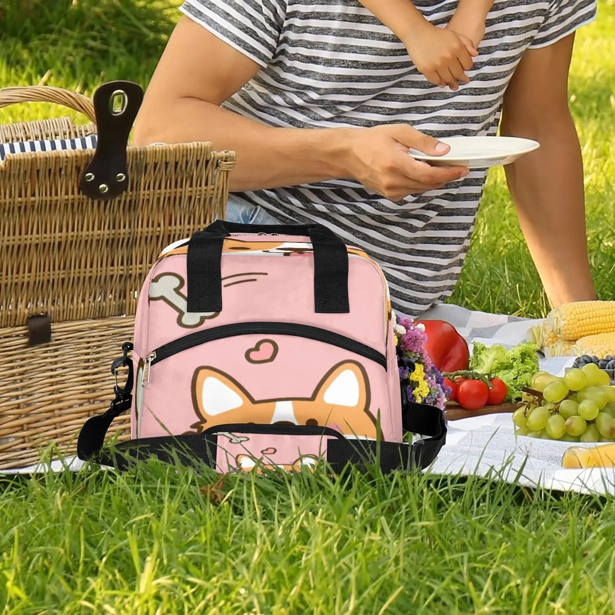 Cute Corgis Love Insulated Lunch Bag for Women Men Reusable Lunch Box Cooler Bag Large Leakproof Lunch Tote with Adjustable Shoulder Strap for Adult Work Picnic Camping Beach Office
