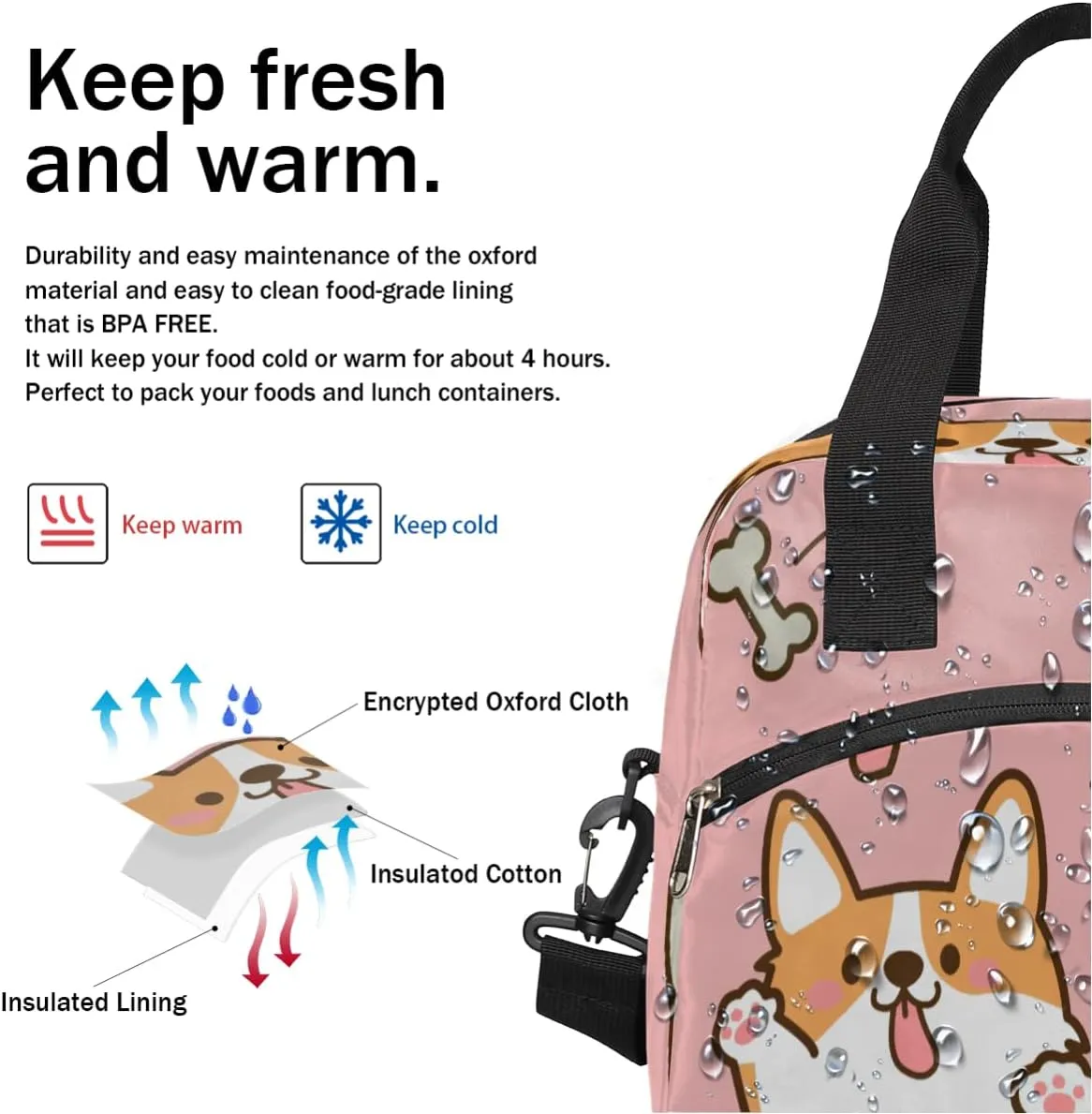 Cute Corgis Love Insulated Lunch Bag for Women Men Reusable Lunch Box Cooler Bag Large Leakproof Lunch Tote with Adjustable Shoulder Strap for Adult Work Picnic Camping Beach Office