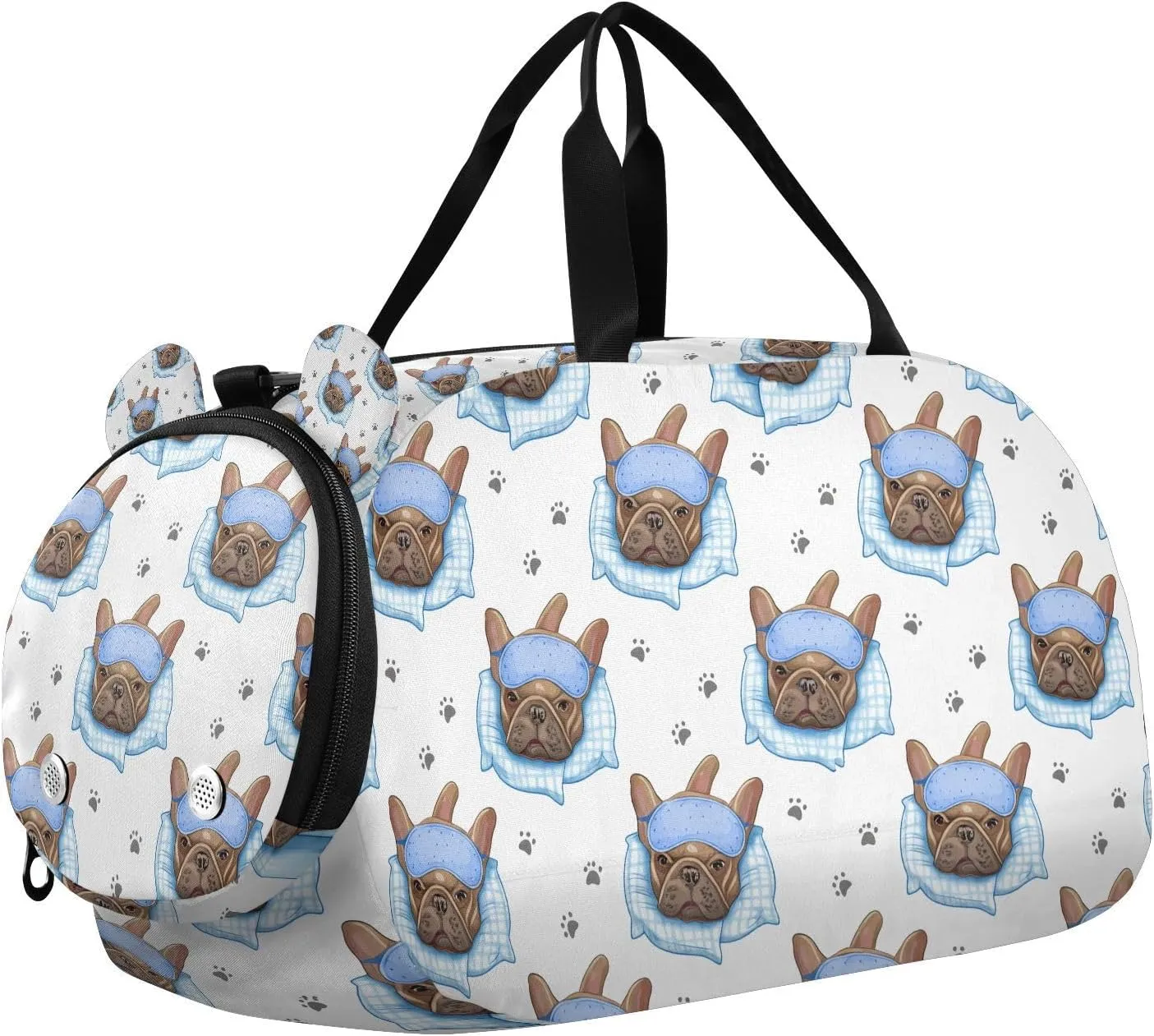 Cute Dog Wearing Sleep Mask Kids Duffle Bag, Overnight Travel Sport Gym Bags with Shoe Compartment for Boys & Girls