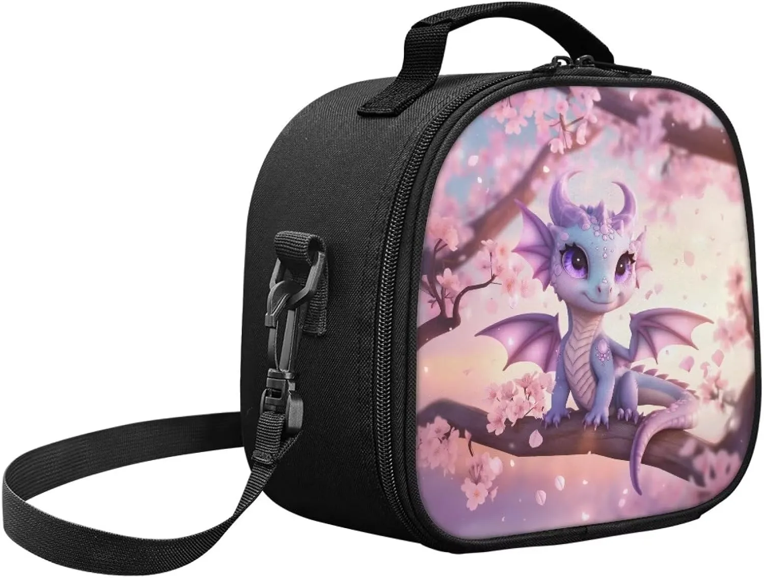 Cute Dragon Kids Lunch Bag Reusable Insulated Lunch Bag with Adjustable Shoulder Strap Soft Cooler Tote Bags Food Container Back to School Cherry Blossom Lunchboxes