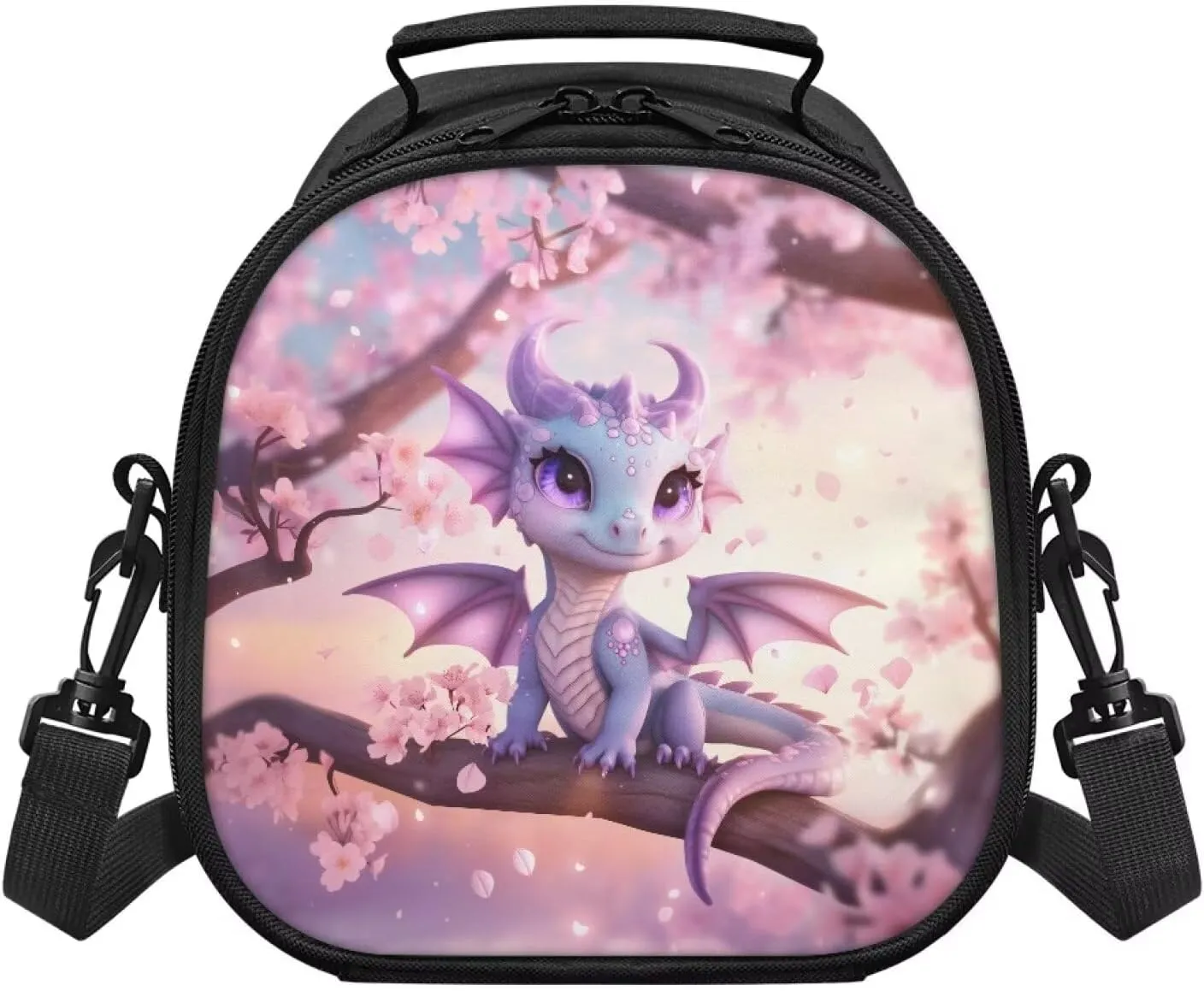 Cute Dragon Kids Lunch Bag Reusable Insulated Lunch Bag with Adjustable Shoulder Strap Soft Cooler Tote Bags Food Container Back to School Cherry Blossom Lunchboxes