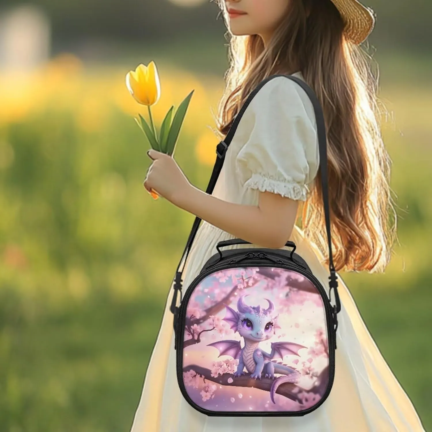 Cute Dragon Kids Lunch Bag Reusable Insulated Lunch Bag with Adjustable Shoulder Strap Soft Cooler Tote Bags Food Container Back to School Cherry Blossom Lunchboxes