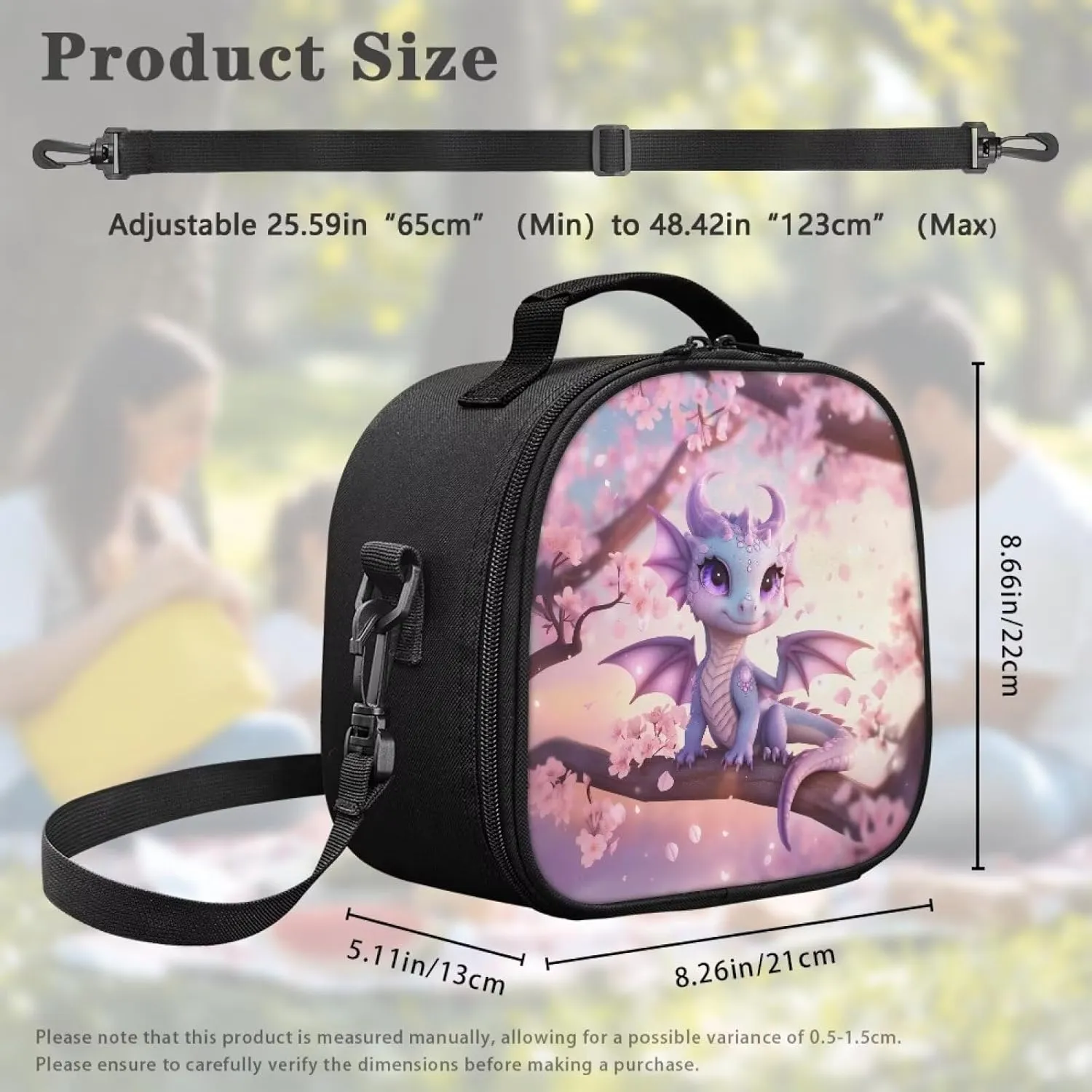 Cute Dragon Kids Lunch Bag Reusable Insulated Lunch Bag with Adjustable Shoulder Strap Soft Cooler Tote Bags Food Container Back to School Cherry Blossom Lunchboxes