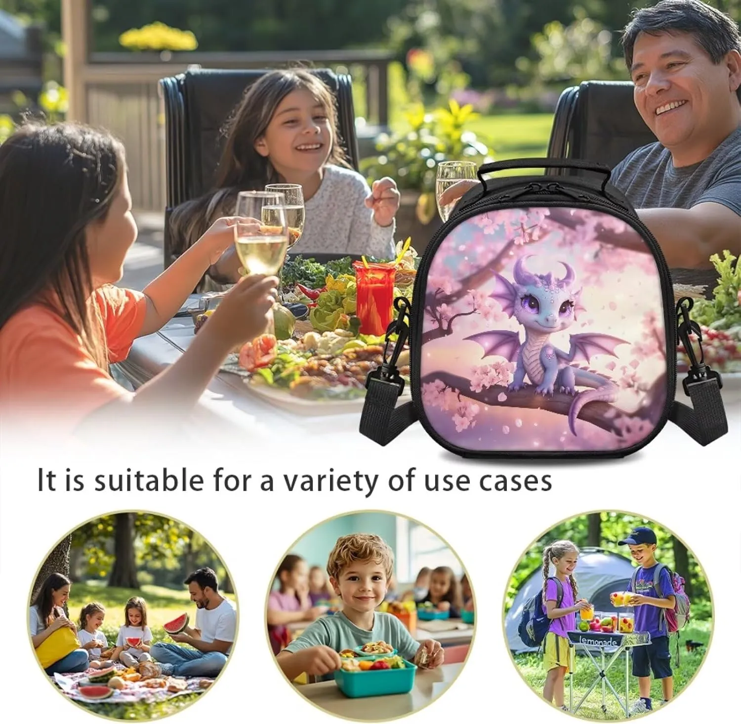 Cute Dragon Kids Lunch Bag Reusable Insulated Lunch Bag with Adjustable Shoulder Strap Soft Cooler Tote Bags Food Container Back to School Cherry Blossom Lunchboxes