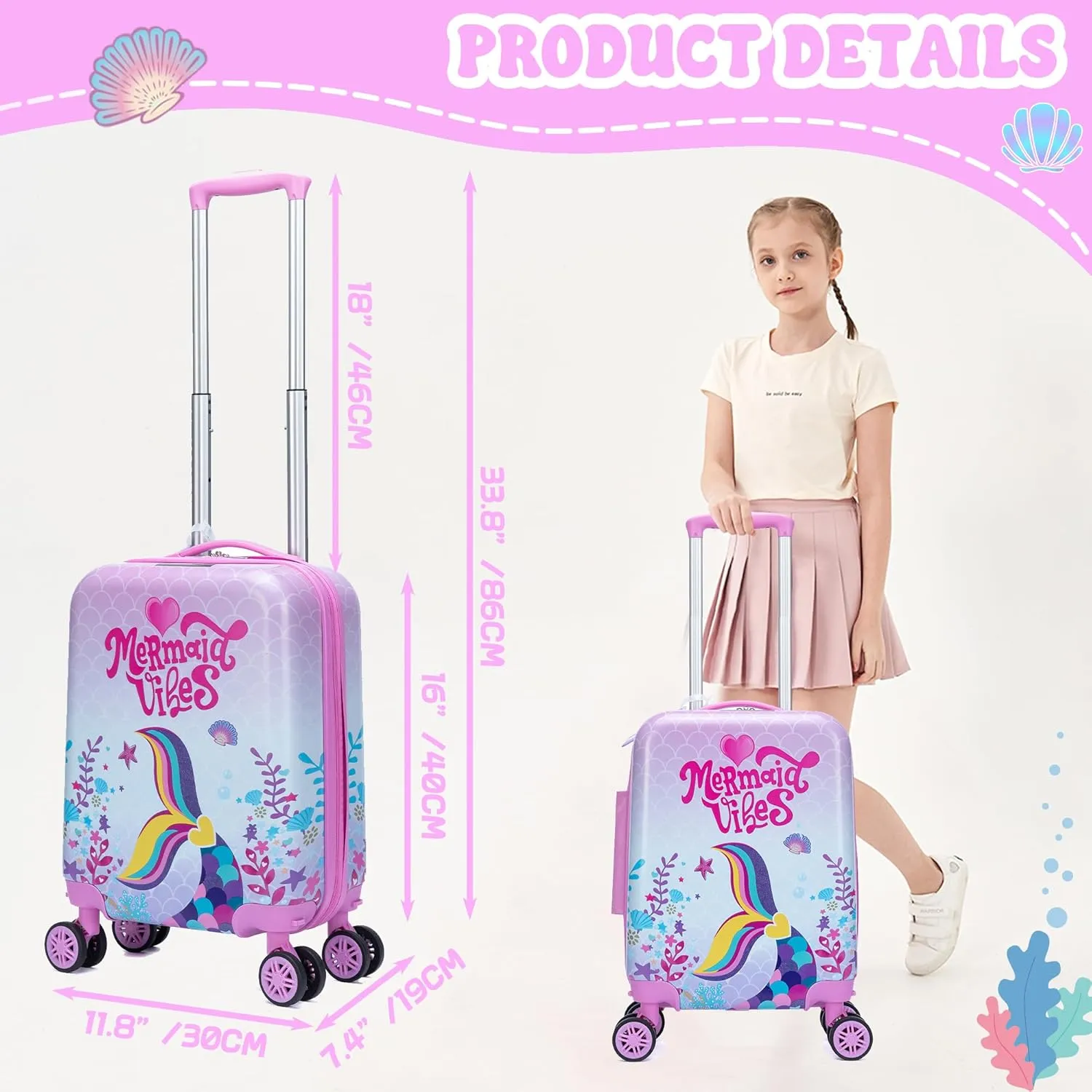 Cute Mermaid Kid’s Luggage Set 2 Piece Suitcase Set 16" Hardside Luggage with Spinner Wheels Girls Carry on Toddler Travel Rolling Luggage Airline Approved