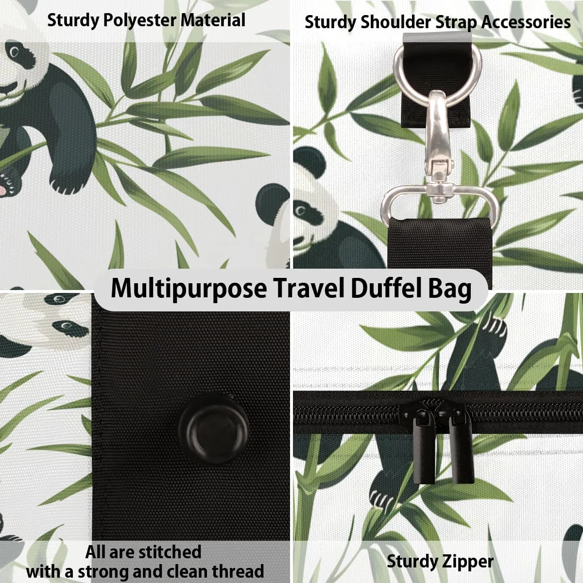 Cute Panda Travel Duffle Bag for Women Men Gym Duffel Foldable Bag Waterproof Weekender Botanical Plants Duffle Tote
