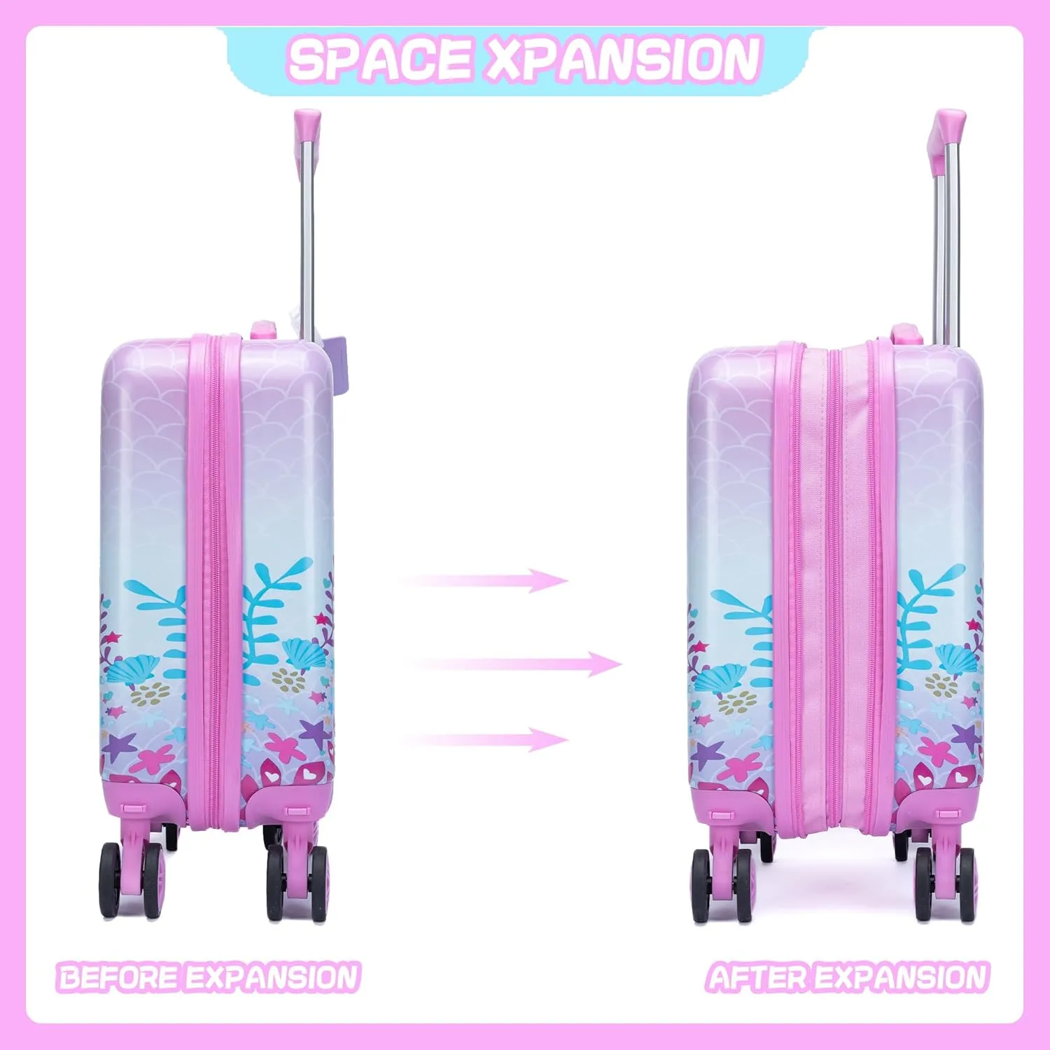 Cute Pink Mermaid Kid’s Luggage Set 2 Piece Suitcase Set 16’’ Hardside Luggage with Spinner Wheels Girls Boys Carry on Toddler Luggage Travel Rolling Luggage Carry on Luggage Airline Approved