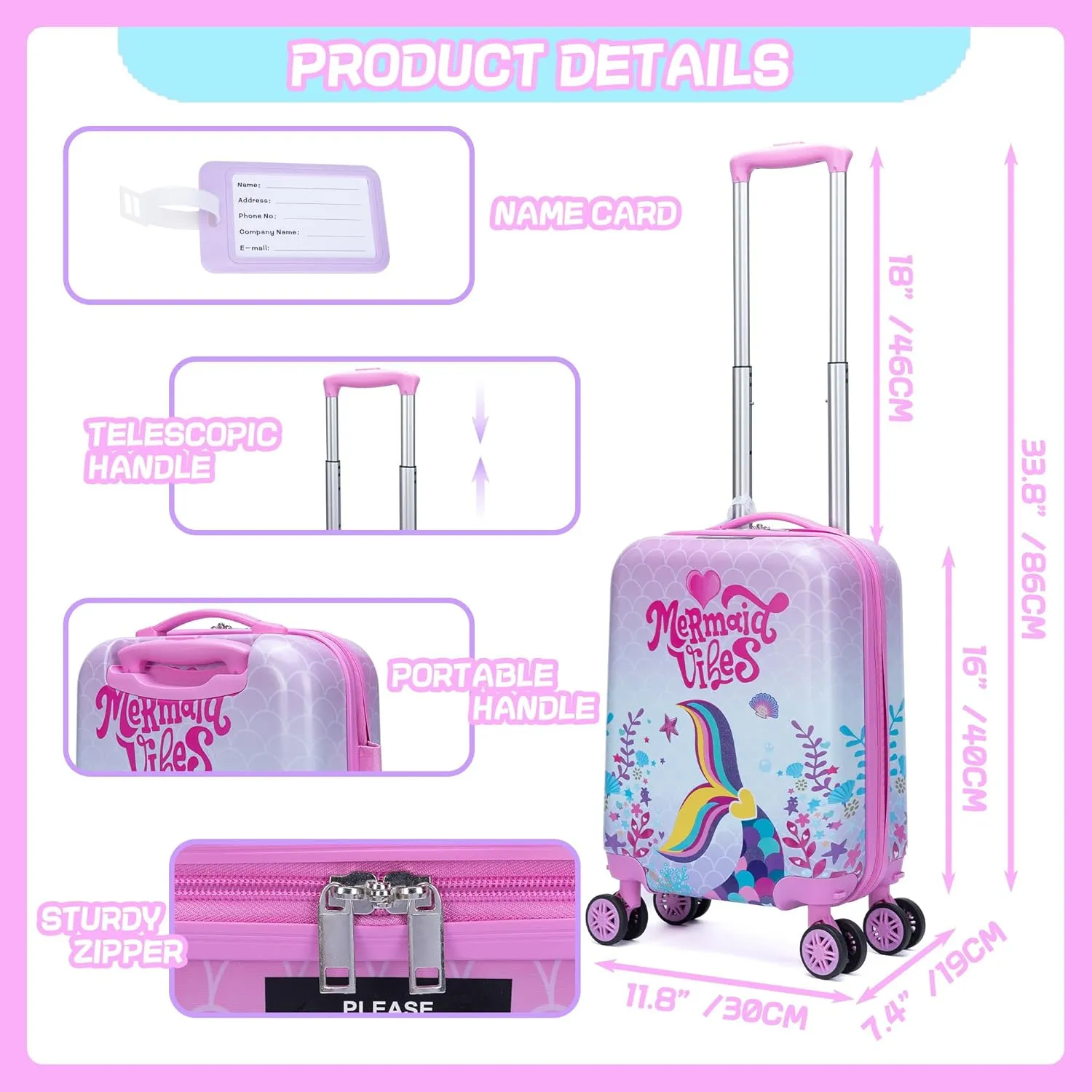 Cute Pink Mermaid Kid’s Luggage Set 2 Piece Suitcase Set 16’’ Hardside Luggage with Spinner Wheels Girls Boys Carry on Toddler Luggage Travel Rolling Luggage Carry on Luggage Airline Approved