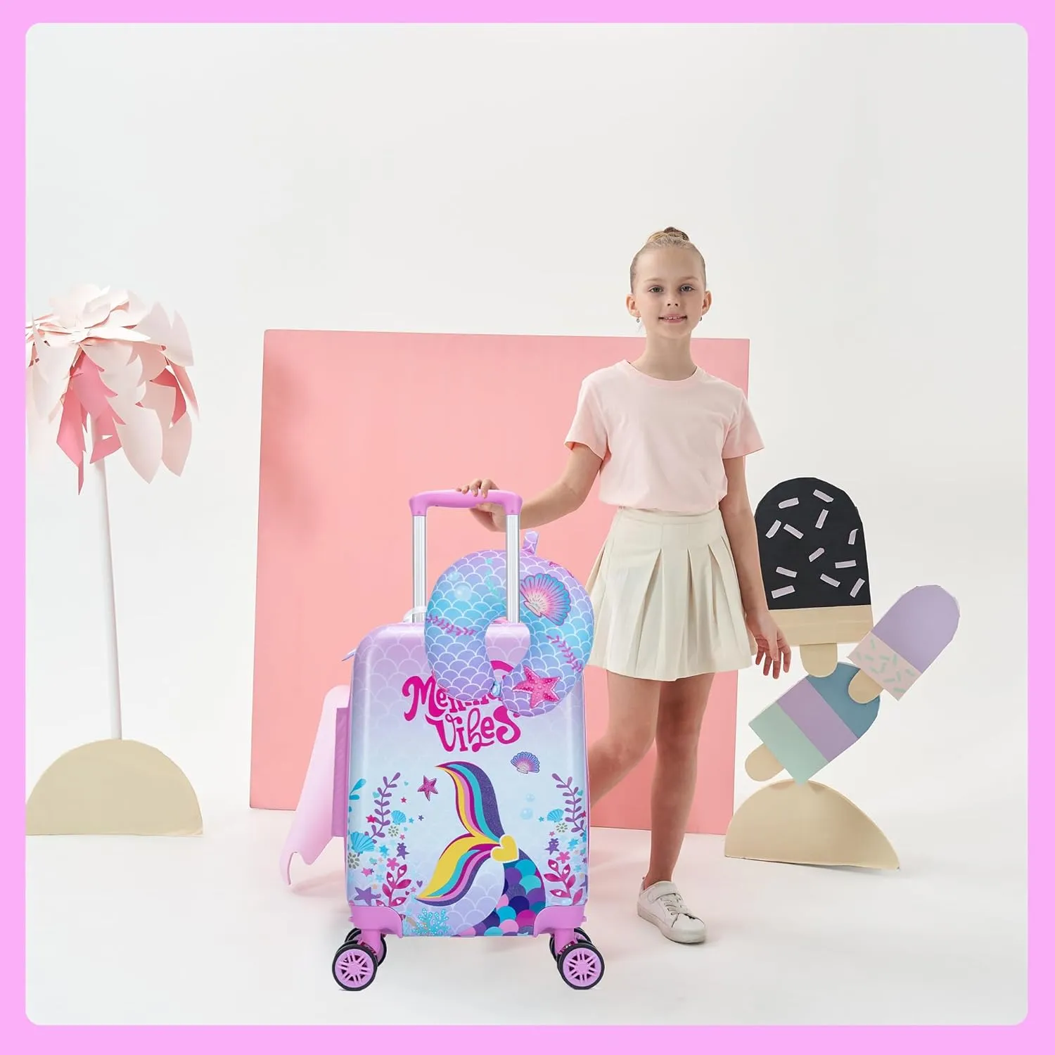 Cute Pink Mermaid Kid’s Luggage Set 2 Piece Suitcase Set 16’’ Hardside Luggage with Spinner Wheels Girls Boys Carry on Toddler Luggage Travel Rolling Luggage Carry on Luggage Airline Approved