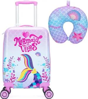 Cute Pink Mermaid Kid’s Luggage Set 2 Piece Suitcase Set 16’’ Hardside Luggage with Spinner Wheels Girls Boys Carry on Toddler Luggage Travel Rolling Luggage Carry on Luggage Airline Approved