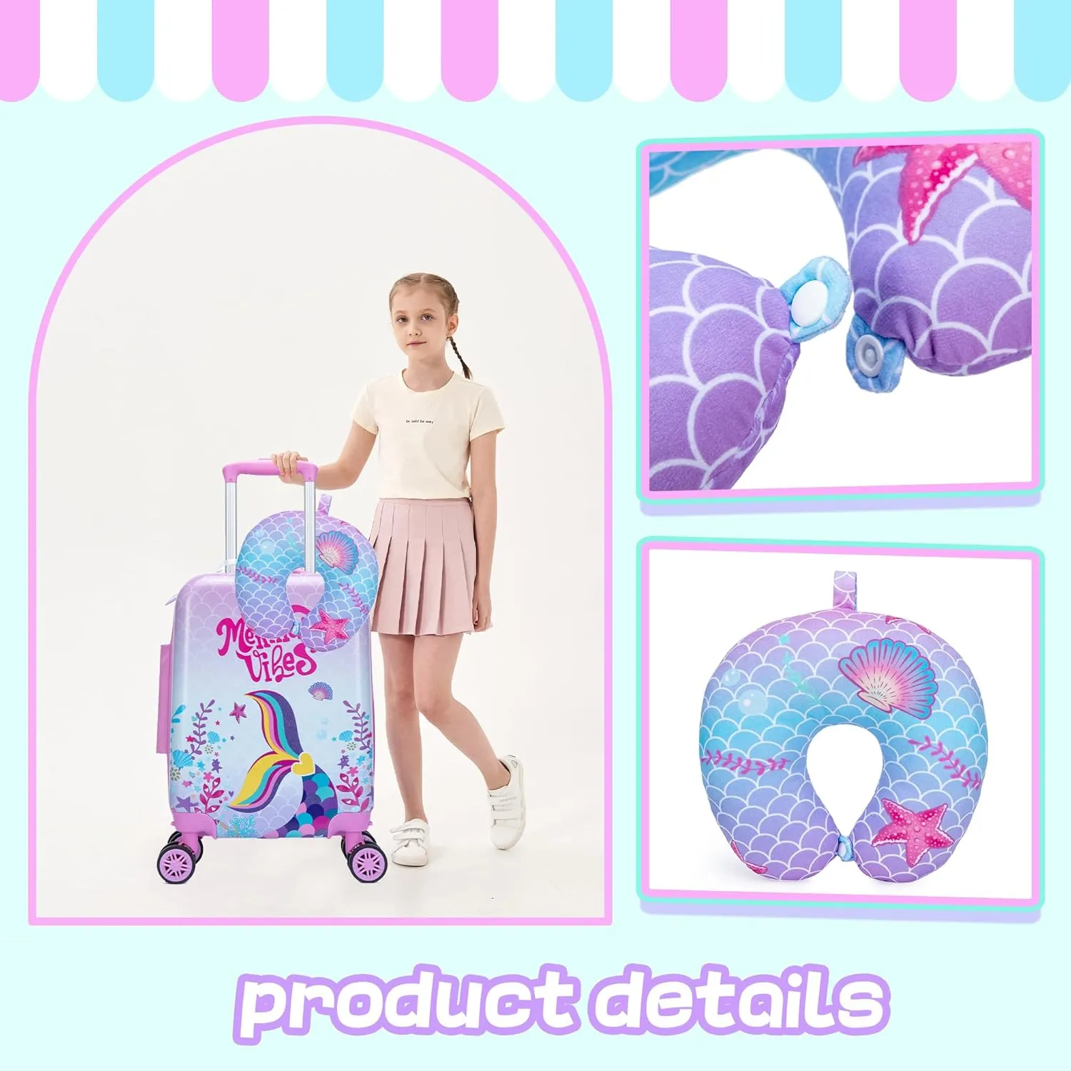 Cute Pink Mermaid Kid’s Luggage Set 2 Piece Suitcase Set 16’’ Hardside Luggage with Spinner Wheels Girls Boys Carry on Toddler Luggage Travel Rolling Luggage Carry on Luggage Airline Approved