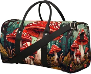 Cute Red Mushroom Travel Duffel Bag for Women Men Waterproof Foldable Overnight Weekender Bag Large Capacity Sports Gym Bag
