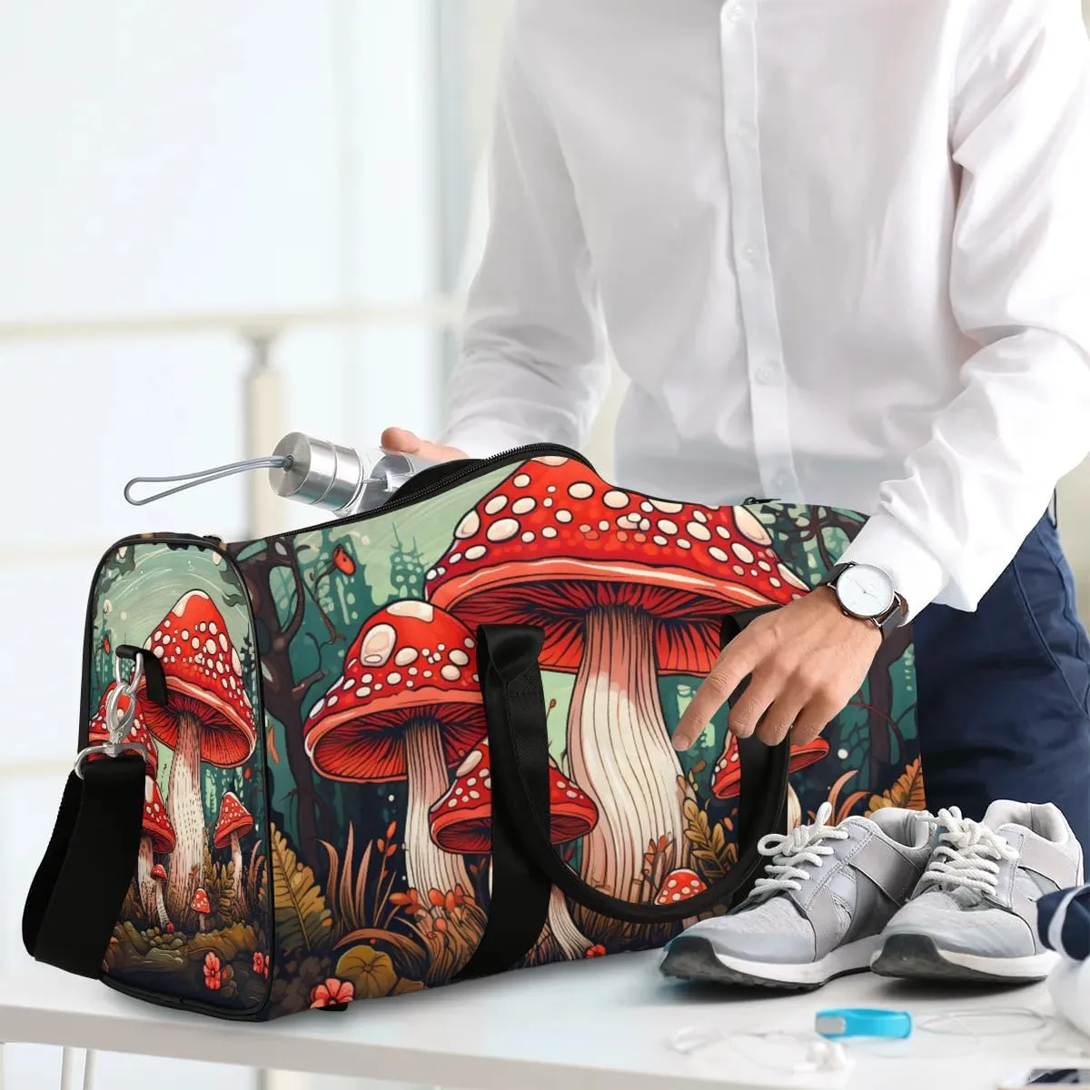 Cute Red Mushroom Travel Duffel Bag for Women Men Waterproof Foldable Overnight Weekender Bag Large Capacity Sports Gym Bag