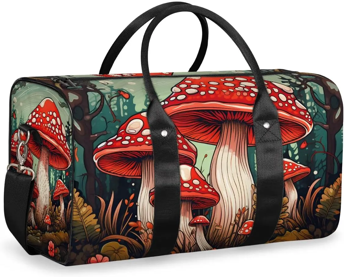 Cute Red Mushroom Travel Duffel Bag for Women Men Waterproof Foldable Overnight Weekender Bag Large Capacity Sports Gym Bag