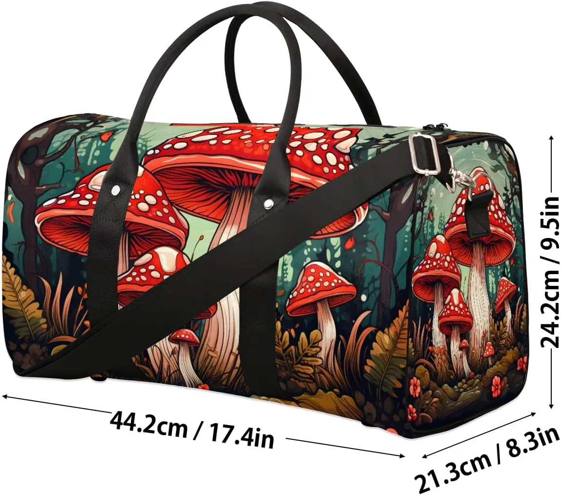 Cute Red Mushroom Travel Duffel Bag for Women Men Waterproof Foldable Overnight Weekender Bag Large Capacity Sports Gym Bag