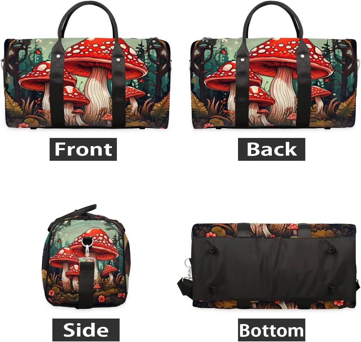 Cute Red Mushroom Travel Duffel Bag for Women Men Waterproof Foldable Overnight Weekender Bag Large Capacity Sports Gym Bag