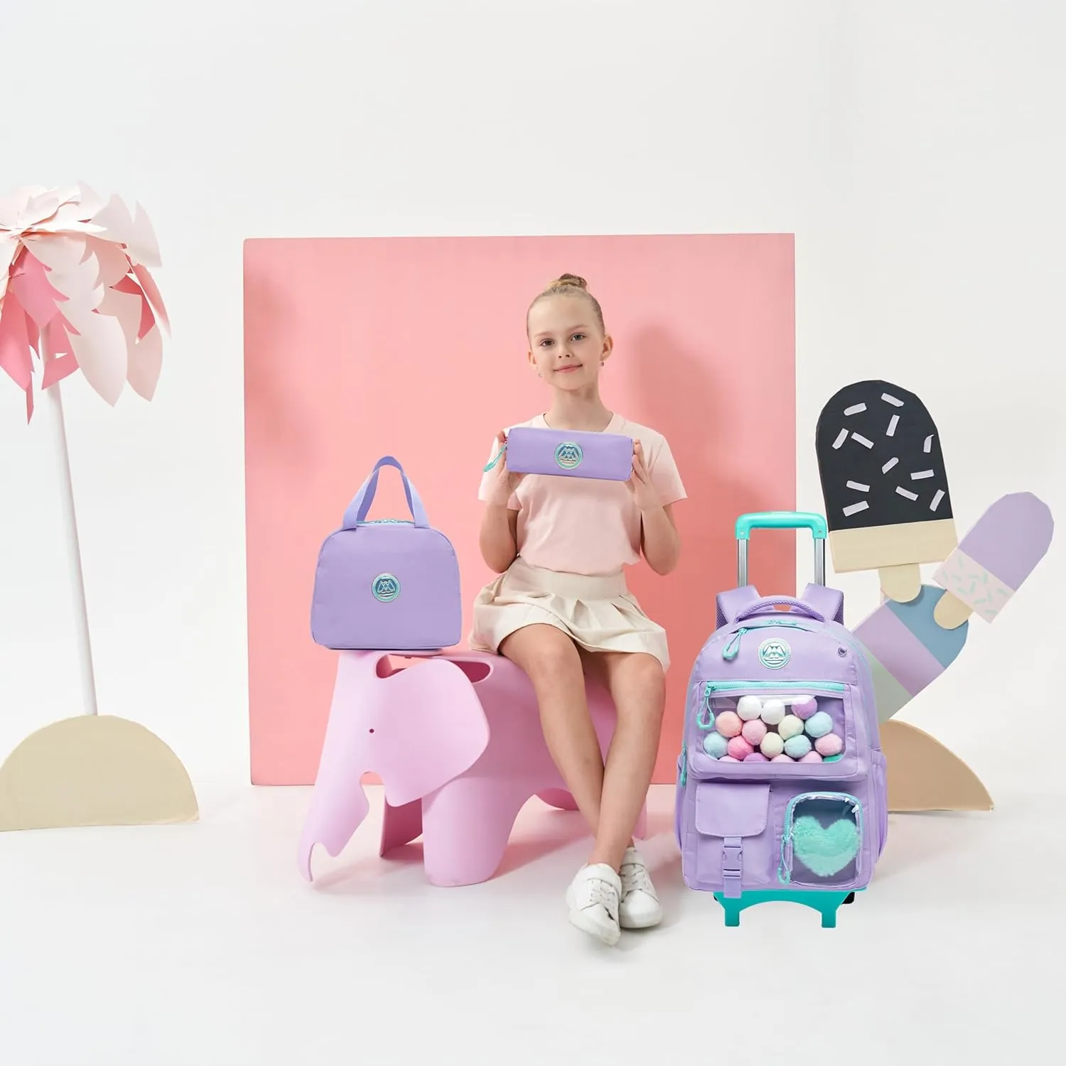 Cute Rolling Backpack for Girls Backpack with Wheels Girls Backpack with Lunch Box Set Kids Suitcase for Girls Trolley School Bags Girls Backpacks with Wheels Kids Carry On Travel Luggage