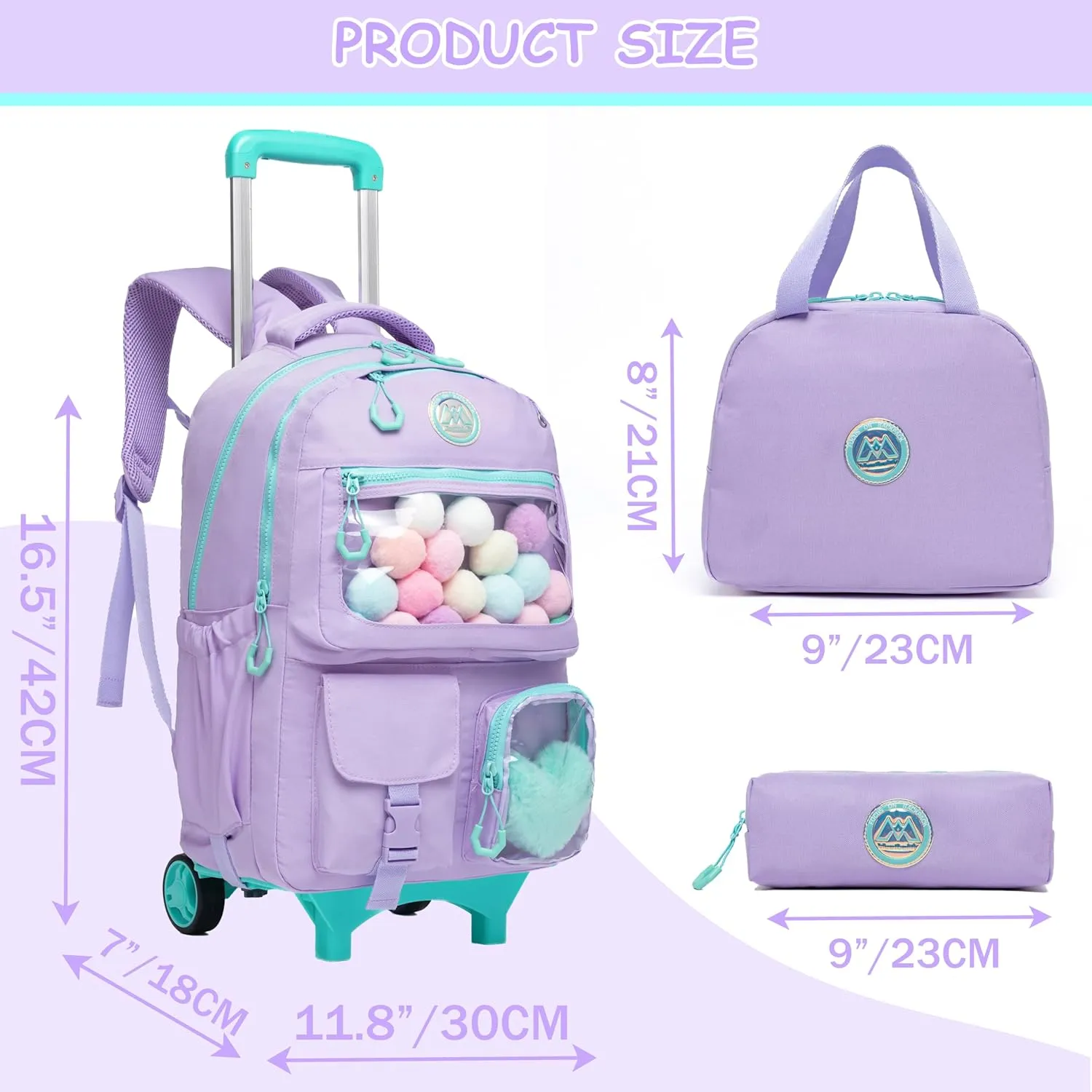 Cute Rolling Backpack for Girls Backpack with Wheels Girls Backpack with Lunch Box Set Kids Suitcase for Girls Trolley School Bags Girls Backpacks with Wheels Kids Carry On Travel Luggage
