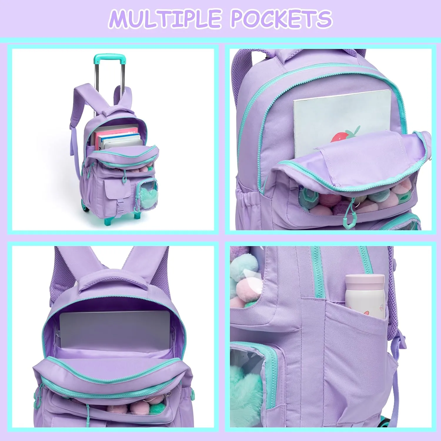 Cute Rolling Backpack for Girls Backpack with Wheels Girls Backpack with Lunch Box Set Kids Suitcase for Girls Trolley School Bags Girls Backpacks with Wheels Kids Carry On Travel Luggage