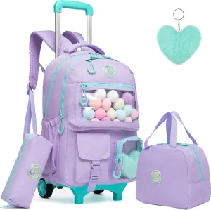 Cute Rolling Backpack for Girls Backpack with Wheels Girls Backpack with Lunch Box Set Kids Suitcase for Girls Trolley School Bags Girls Backpacks with Wheels Kids Carry On Travel Luggage