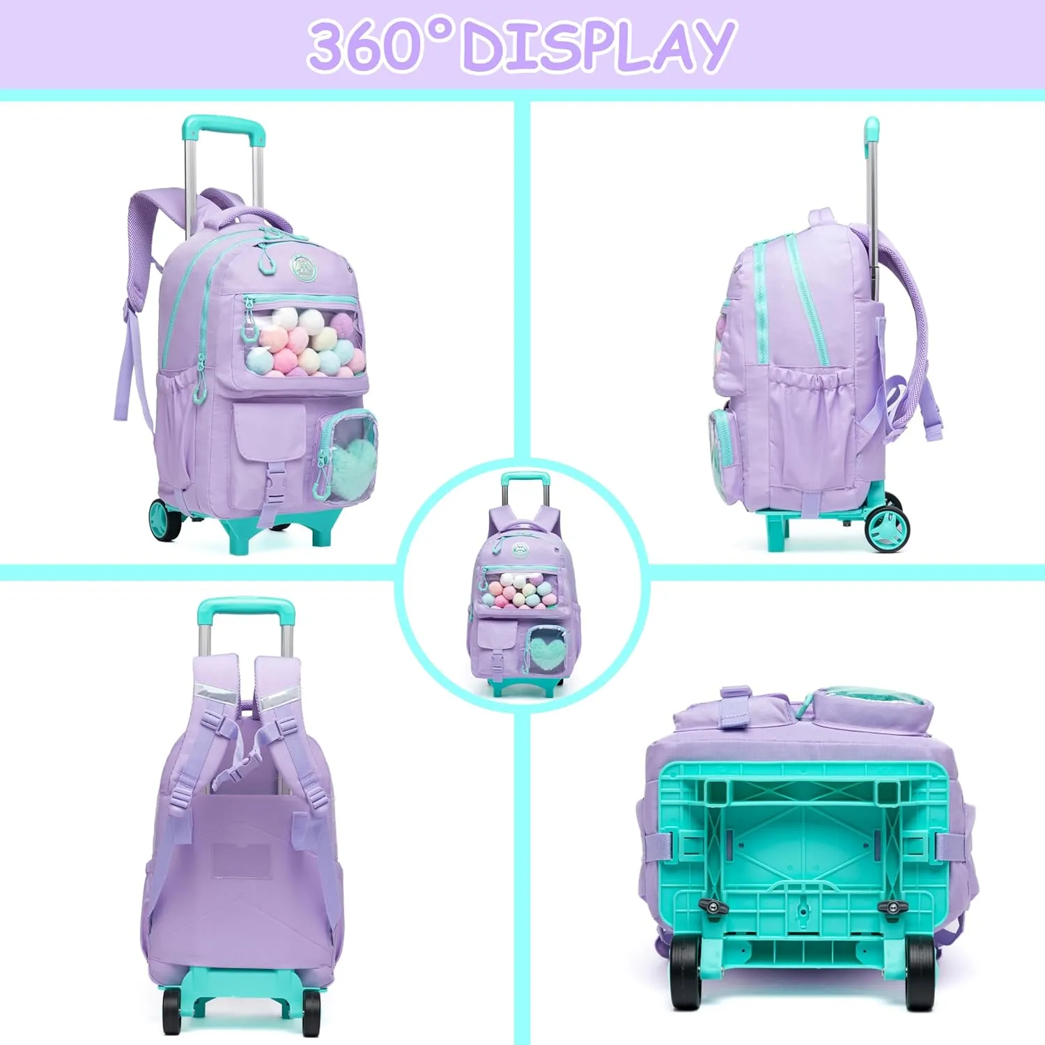 Cute Rolling Backpack for Girls Backpack with Wheels Girls Backpack with Lunch Box Set Kids Suitcase for Girls Trolley School Bags Girls Backpacks with Wheels Kids Carry On Travel Luggage