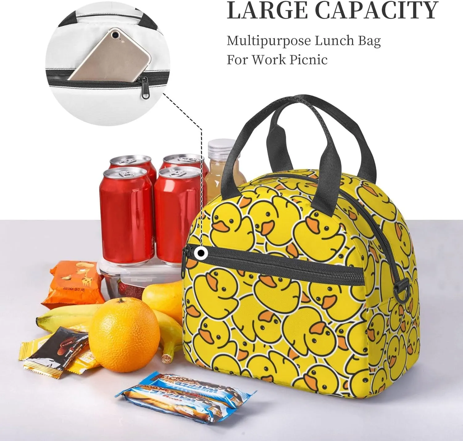Cute Rubber Ducky Cartoon Duck Lunch Bag with Adjustable Shoulder Strap for Women Men Reusable Lunch Box Leakproof Tote Bags Insulated Cooler for Work Travel Outdoor(9 x 5 x 7.8 Inches)